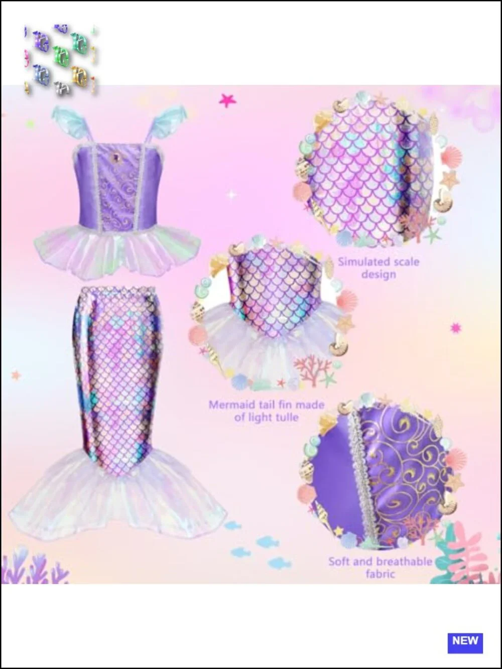 Mermaid Princess Dress Up Costume for Girls 3-10 with Accessories, Polyester